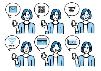 スマートフォンを持って説明をしている中年女性のセット
