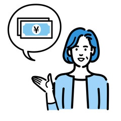 お金の説明をしている中年女性
