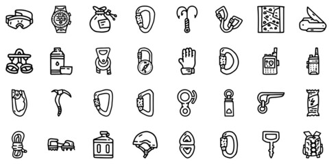 Mountaineering equipment line vector doodle simple icon set
