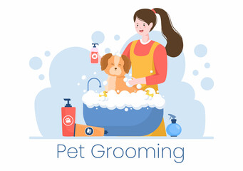 Pet Grooming for Dogs and Cats in Flat Cartoon Hand drawn Background Illustration. The Main Tools Which are used in Beauty Salon for Poster or Banner