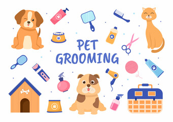 Pet Grooming for Dogs and Cats in Flat Cartoon Hand drawn Background Illustration. The Main Tools Which are used in Beauty Salon for Poster or Banner