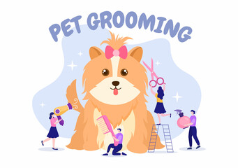 Pet Grooming for Dogs and Cats in Flat Cartoon Hand drawn Background Illustration. The Main Tools Which are used in Beauty Salon for Poster or Banner
