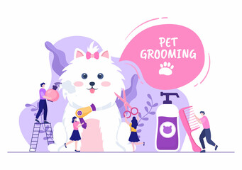 Pet Grooming for Dogs and Cats in Flat Cartoon Hand drawn Background Illustration. The Main Tools Which are used in Beauty Salon for Poster or Banner
