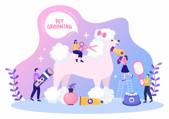 Pet Grooming for Dogs and Cats in Flat Cartoon Hand drawn Background Illustration. The Main Tools Which are used in Beauty Salon for Poster or Banner