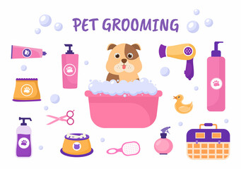 Pet Grooming for Dogs and Cats in Flat Cartoon Hand drawn Background Illustration. The Main Tools Which are used in Beauty Salon for Poster or Banner