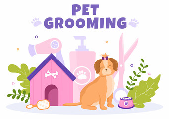 Pet Grooming for Dogs and Cats in Flat Cartoon Hand drawn Background Illustration. The Main Tools Which are used in Beauty Salon for Poster or Banner