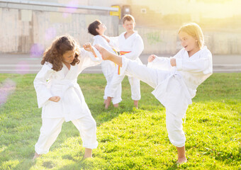 Naklejka na ściany i meble Focused school children wearing white sports uniform practicing karate sparring in pairs on green grass in park