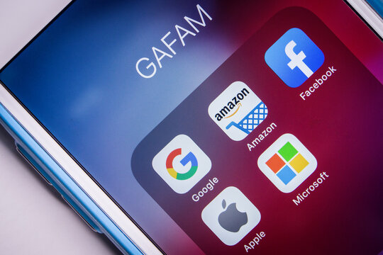 Kumamoto, Japan - Feb 20 2020:
GAFAM icons on an iPhone.
Google, Amazon, Facebook, Apple & Microsoft are the five US multinational IT or online service companies that dominated cyberspace during 2010s