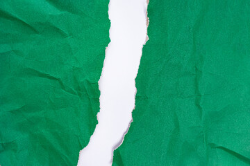 Crumpled green paper torn vertically with torn edges on a white background. isolated. place for your text. - obrazy, fototapety, plakaty