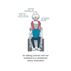 An elderly woman with her husband in a wheelchair vector illustration