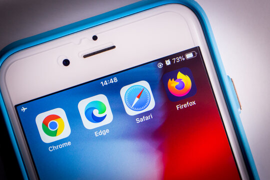 Kumamoto, Japan - Apr 5, 2020 :
Close up icons of top four modern web browsers (Google Chrome, Microsoft Edge, Safari & Firefox) on iPhone screen.