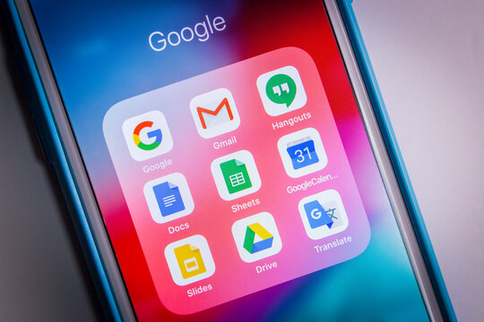 Kumamoto, Japan - Apr 5, 2020 :
Icons of Google & its services (Gmail, Hangouts, Docs, Sheets, Calendar, Slides, Drive and Translate) on iPhone.