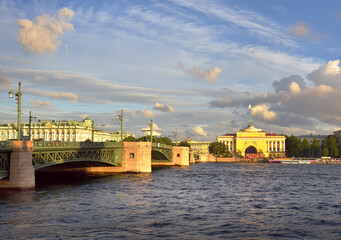 Admiralteyskaya embankment of the Neva river. Palace bridge, Admiralty building