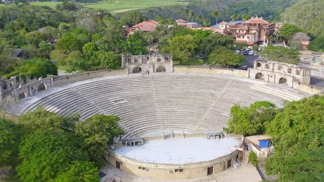 Majestic view of the Alto de Chavon amphitheater in Casa de Campo La Romana, taken with a drone