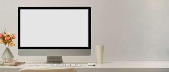 Feminine workspace or computer desk with pc desktop screen mockup