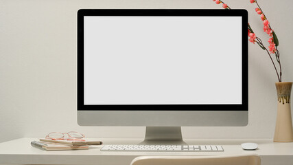 Simple office workstation with modern pc desktop computer mockup