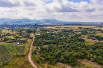 Aerial view in Paraguay with a view of the Ybytyruzu Mountains lying in the fog.