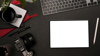 Modern dark workspace, tablet screen mockup on black background.