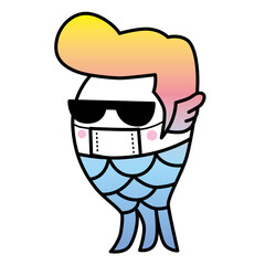 つっぱりアマビエ君、マスクとサングラスをつけている。
コロナで流行った日本の妖怪「アマビエ」。
あまりにもコロナが長引くので、グレてポンパドールの髪型にしちゃったアマビエ君です。
ベクターイラスト。