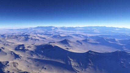 Fototapeta premium science fiction wallpaper, cosmic landscape, realistic exoplanet, abstract cosmic texture, beautiful alien planet in far space, detailed planet surface, abstract aerial view 3d render