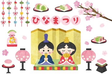 ひなまつり　手書き風イラストの素材セット