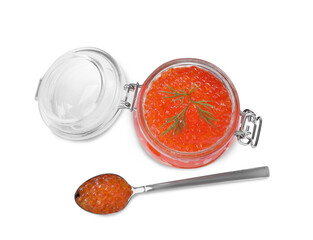 Delicious red caviar and dill on white background, top view
