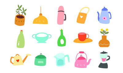 set of printable sticker element illustrations. doodle cartoon collection of various home living equipment. cute element for sticker and decoration.