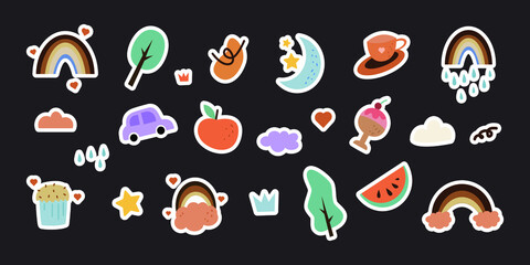 set of printable sticker element illustrations. doodle cartoon collection of various random stuff. cute element for sticker and decoration.
