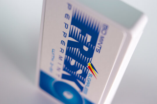 Kumamoto, Japan - Jun 18 2020 : The close up logo of Frisk, a breath mint candies produced by Frisk International based in Belgium, printed on its plastic cartridge.