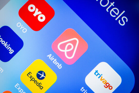 Kumamoto, Japan - May 7 2020 : Icon of Airbnb, an US online marketplace company based in San Francisco, California, with other hotel / travel / booking companies on iPhone.