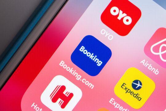 Kumamoto, Japan - May 7 2020 : Icon of Booking.com, a travel metasearch engine for lodging reservations, with other hotel / travel / booking companies on iPhone.