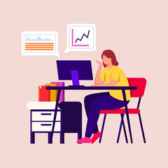 Online education and e-learning concept. Girl student learning online courses about sales in graphic. Flat Isometric Vector Illustration.