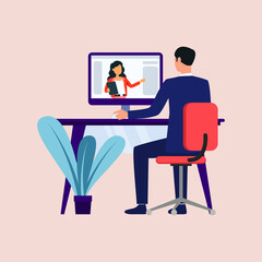 A lecturer is listening his student presentation with online from home. Online education and e-learning concept. Colored flat vector illustration. 