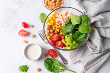 Salad bowl with chicken and protein. Healthy vegetable  buddha bowl with healthy greens. Fitness...