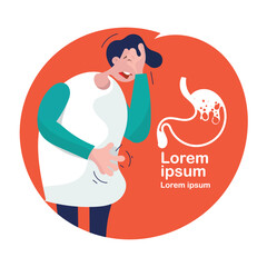 Acid reflux or Heartburn, stomach and internal organs is on the men's body against gray background, Stomach ache, Bad health,