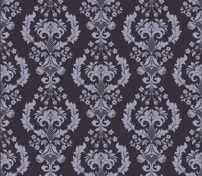 Vector seamless damask pattern with baroque floral elements. Repetitive vintage design for wallpapers, blinds, curtains, upholstery, bedding, slipcover, packaging