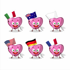 Pink cupid love arrow cartoon character bring the flags of various countries