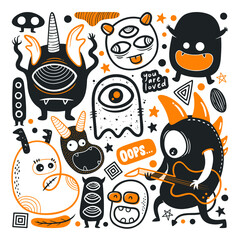 Funny Monster Icons Hand Drawn Doodle Vector