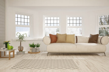 White living room with sofa and winter landscape in window. Scandinavian interior design. 3D illustration