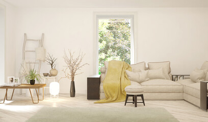 Fototapeta premium White living room with sofa and summer landscape in window. Scandinavian interior design. 3D illustration