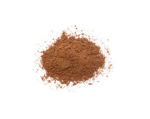 Heap of nutmeg powder on white background, top view