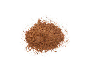 Heap of nutmeg powder on white background, top view