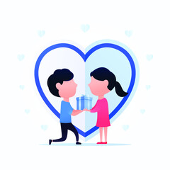White day, March 14 after valentine day. Man give gift or chocolate back to the woman. Light blue heart background.Vector illustration. Flat design
