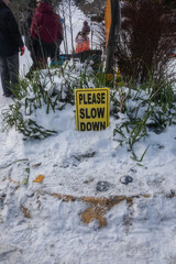 yellow Please Slow Down road sign in the snow