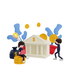 3d finance character invest in to the bank and female sit on chair
