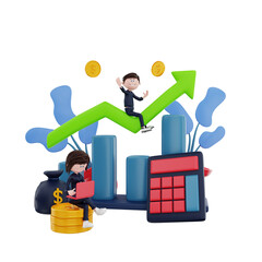 3d finance character sit on chair and chart grow up