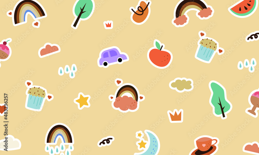Poster set of printable sticker element illustrations arranged for the background pattern. cute doodle cart