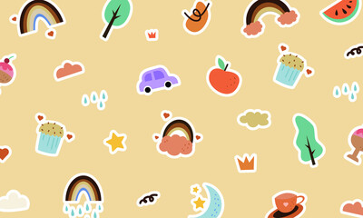 set of printable sticker element illustrations arranged for the background pattern. cute doodle cartoon collection of various random stuff for element decoration.