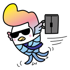 ビジネスマンのつっぱりアマビエ君が、大急ぎで会社へ向かっています。
サングラスをつけ、カバンを持って。
コロナで流行った日本の妖怪「アマビエ」。
あまりにもコロナが長引くので、グレてポンパドールの髪型にしちゃったアマビエ君です。
ベクターイラスト。