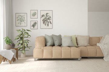 White living room with sofa. Scandinavian interior design. 3D illustration